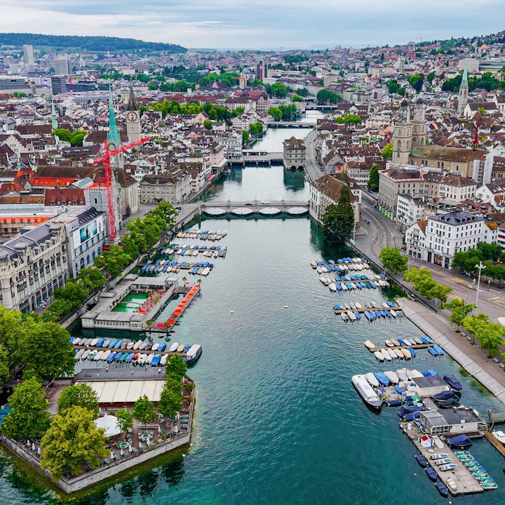 An aerial image that showcases the historic and architectural heart of Zurich, Switzerland.