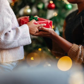 A close-up of hands exchanging a wrapped Christmas gift, set in front of a decorated tree. The cozy ...