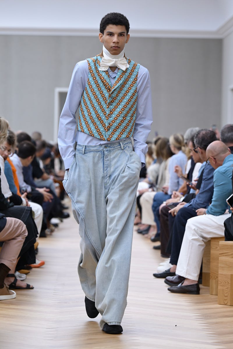 Model on the runway at the Dior Homme show as part of Paris Men's Fashion Week on June 27, 2025 in P...