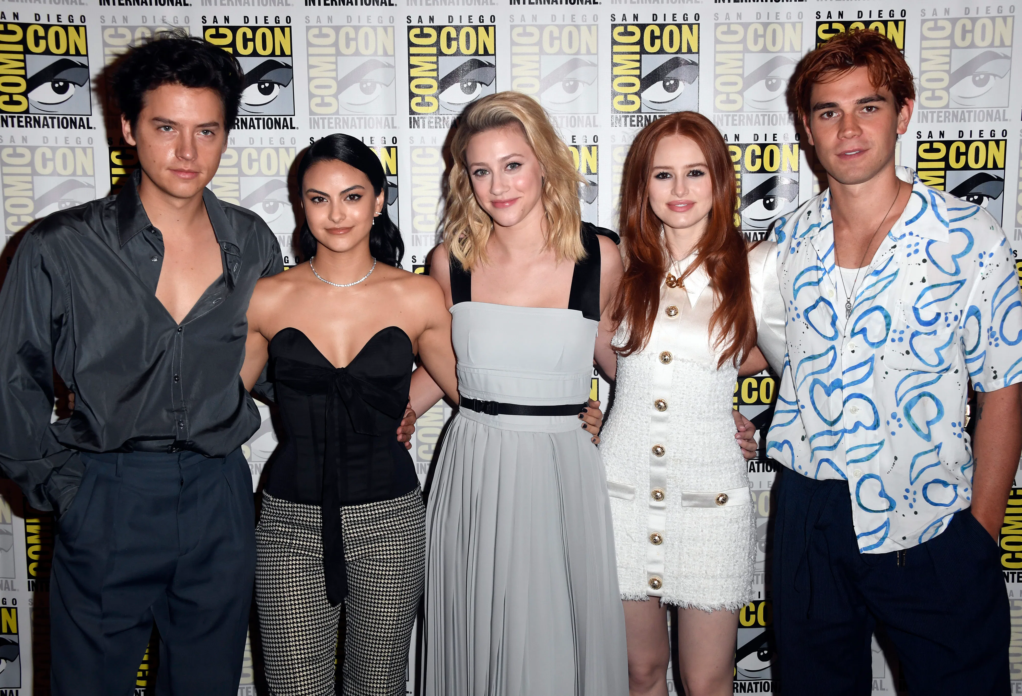 SAN DIEGO, CALIFORNIA - JULY 21: (L-R) Cole Sprouse, Camila Mendes, Lili Reinhart, Madelaine Petsch,...