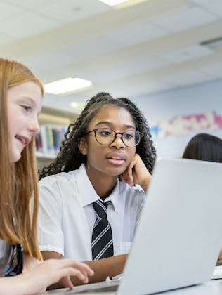 Teenage high school students studying in the school library