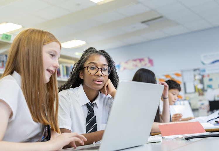 Teenage high school students studying in the school library