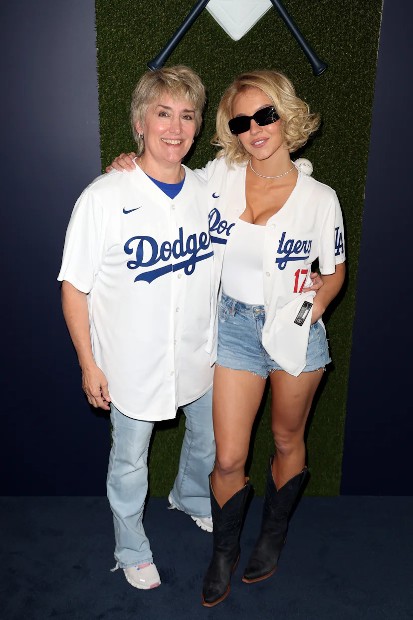 Christy Martin and Sydney Sweeney pose for a photo prior to Game Four of the 2025 World Series prese...