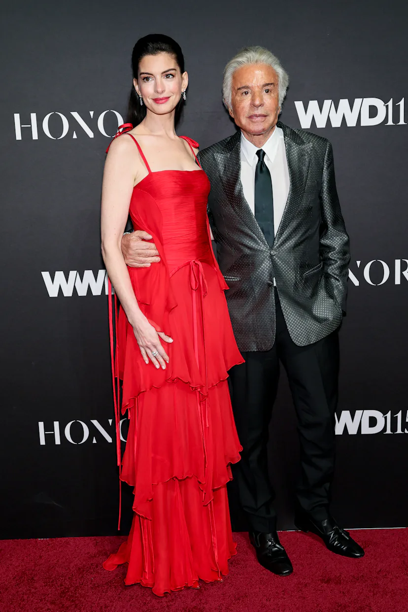Anne Hathaway and Giancarlo Giammetti attend the 2025 WWD Honors at Cipriani South Street on Octobe...