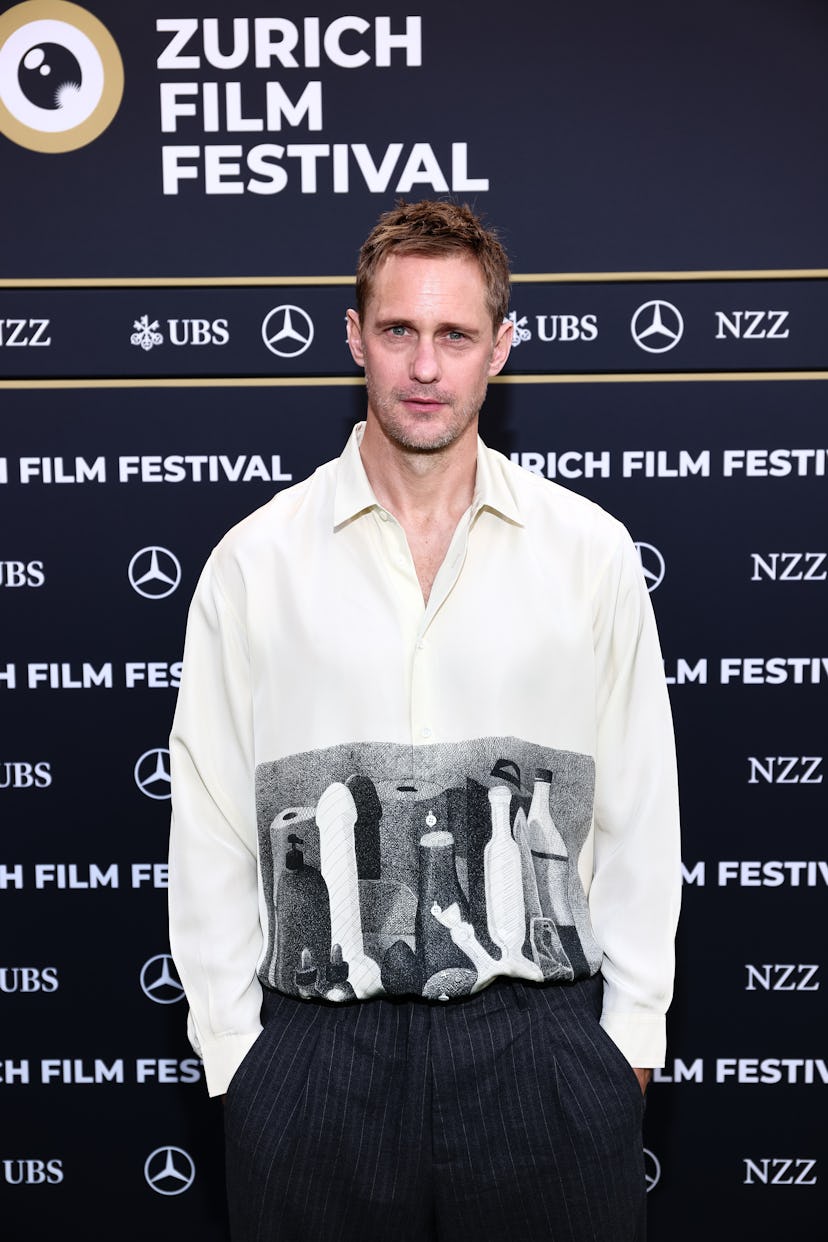 Alexander Skarsgard poses at the "Pillion" photocall during the 21st Zurich Film Festival on October...