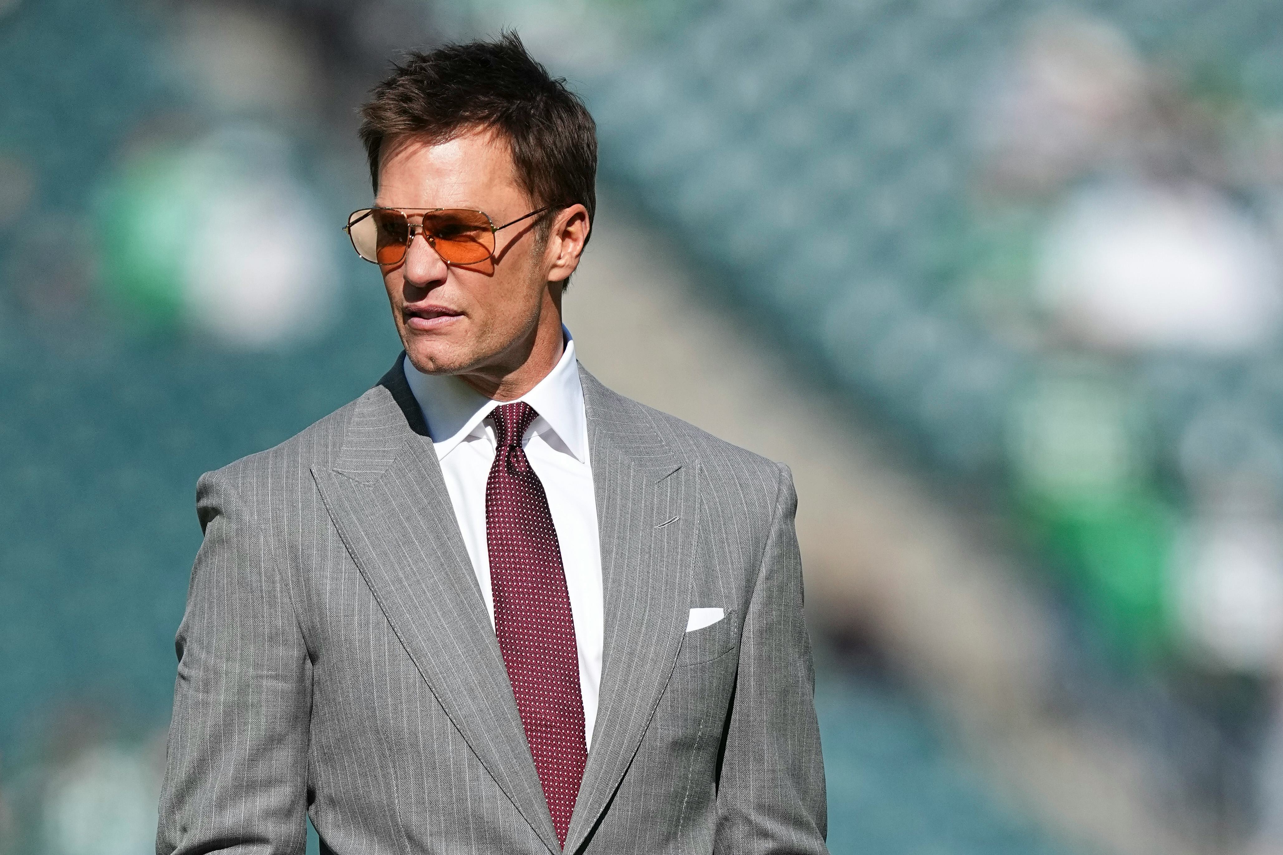 PHILADELPHIA, PENNSYLVANIA - OCTOBER 26: Fox sports announcer Tom Brady looks on prior to the game between the Philadelphia Eagles and the New York Giants at Lincoln Financial Field on October 26, 2025 in Philadelphia, United States. (Photo by Mitchell Leff/Getty Images)