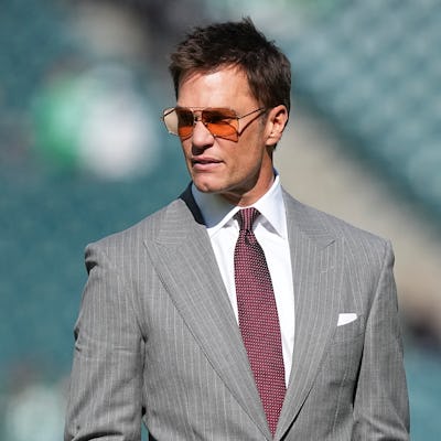 PHILADELPHIA, PENNSYLVANIA - OCTOBER 26: Fox sports announcer Tom Brady looks on prior to the game between the Philadelphia Eagles and the New York Giants at Lincoln Financial Field on October 26, 2025 in Philadelphia, United States. (Photo by Mitchell Leff/Getty Images)