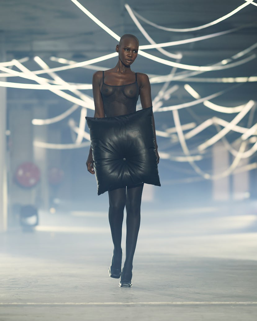A model walks the runway during the VETEMENTS Womenswear Spring/Summer 2026 show as part of Paris Fa...