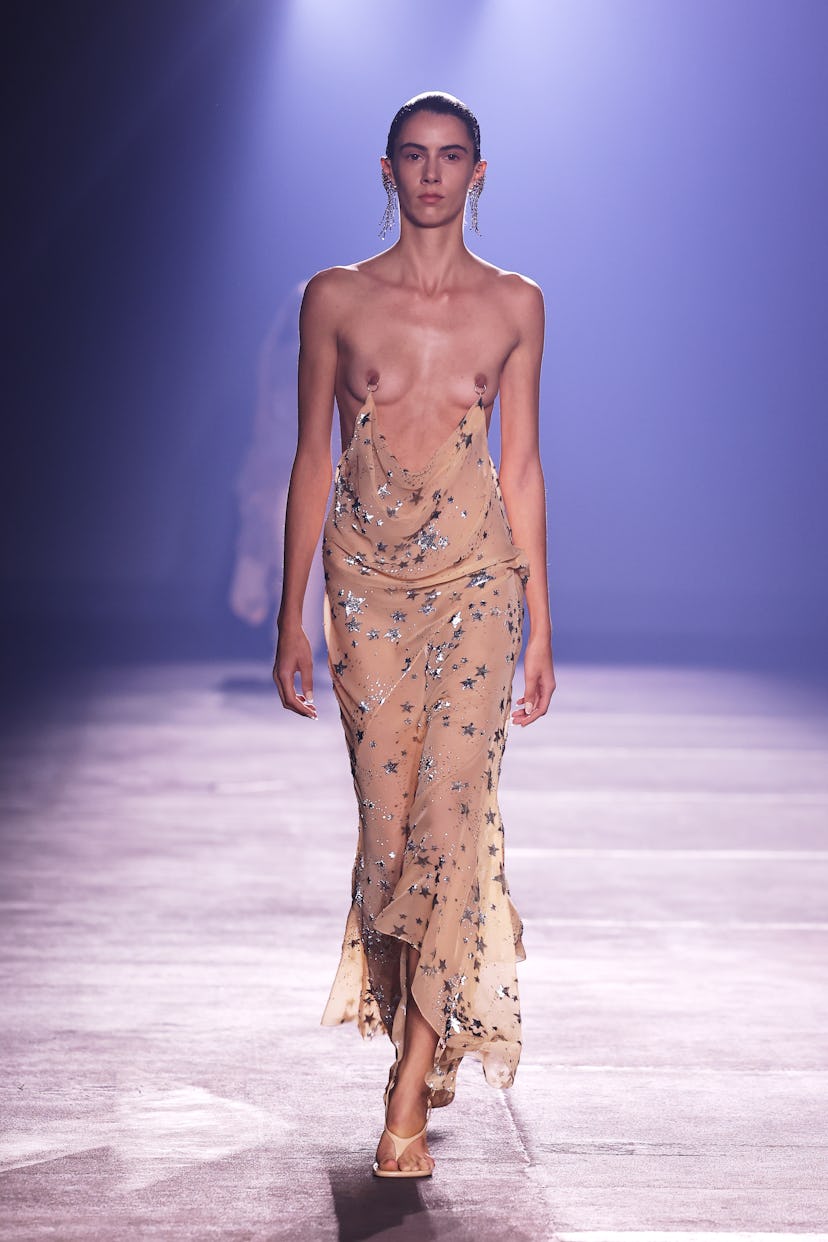 A model walks the runway during the Mugler Womenswear Spring/Summer 2026 show as part of Paris Fashi...