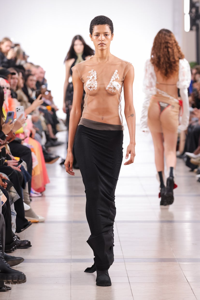 A model walks the runway during the Ottolinger Womenswear Spring/Summer 2026 show as part of Paris F...