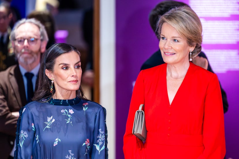Queen Letizia of Spain (L) and Queen Mathilde of Belgium visit the Europalia Espagne 2025 Festival a...