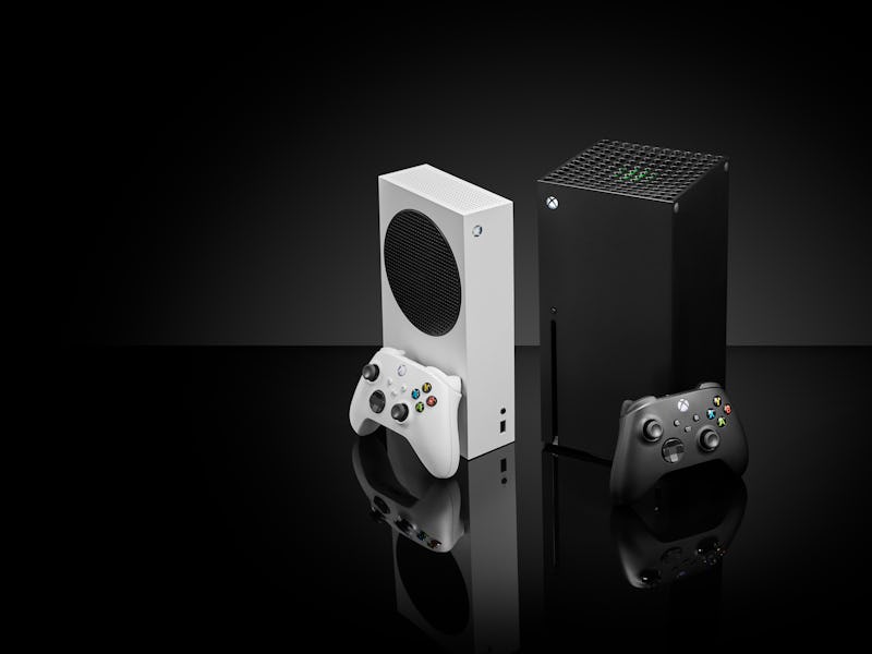 A pair of Microsoft home video game consoles, including an Xbox Series S (L) and Xbox Series X, take...