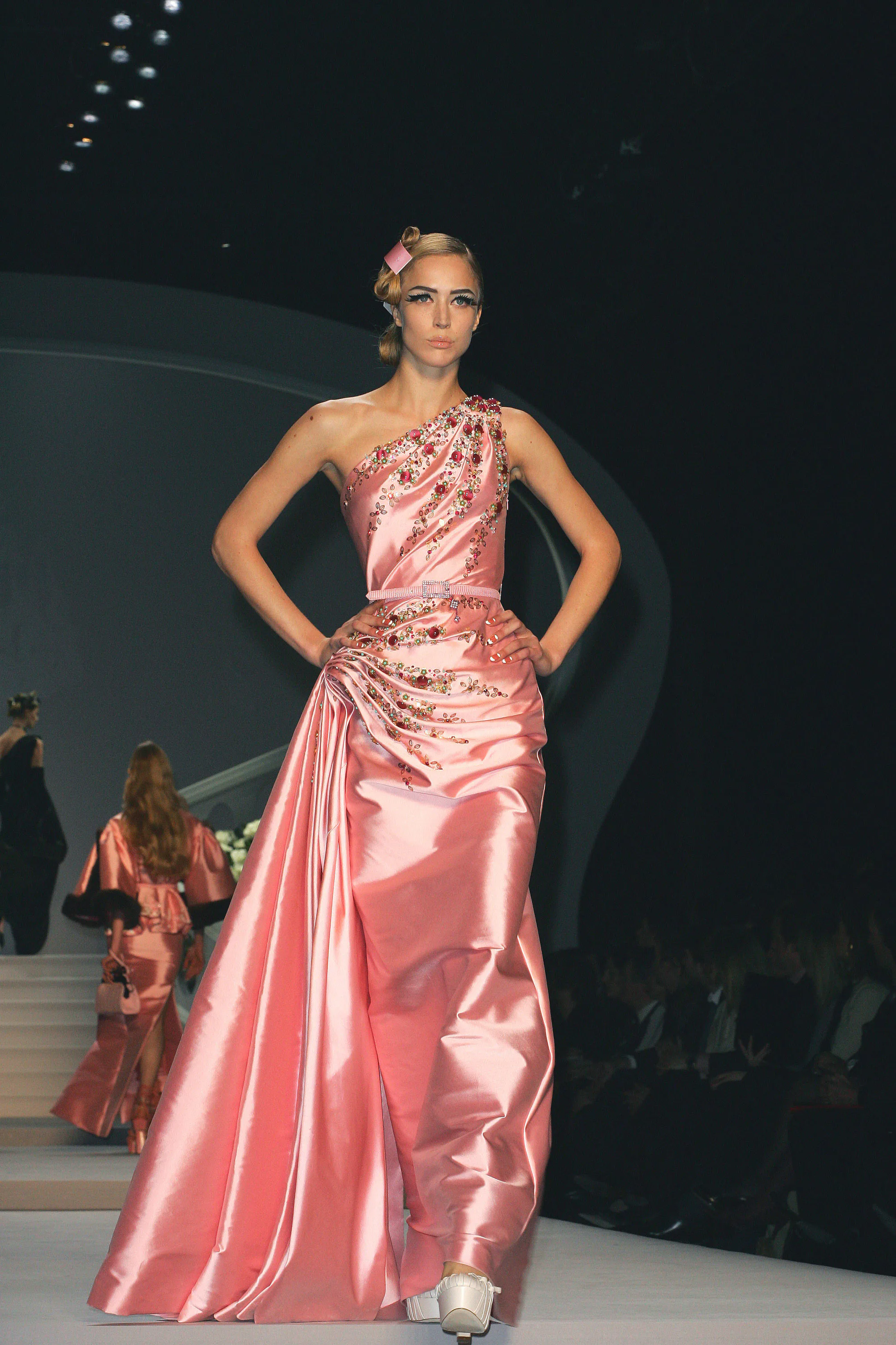 open lace back dress 1987 Christian Dior Couture Pink Evening Dress W Black Crystals