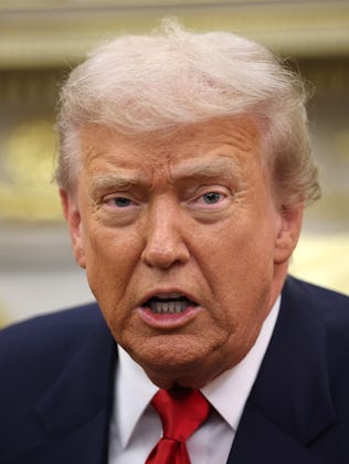 U.S. President Donald Trump speaks during a bilateral meeting with Crown Prince and Prime Minister M...