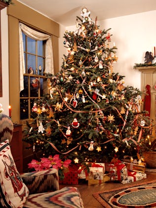 1990s Americana Theme Traditional Decorated Living Room Christmas Presents Under Tree Fireplace With...