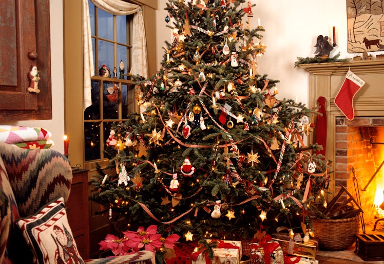 1990s Americana Theme Traditional Decorated Living Room Christmas Presents Under Tree Fireplace With...