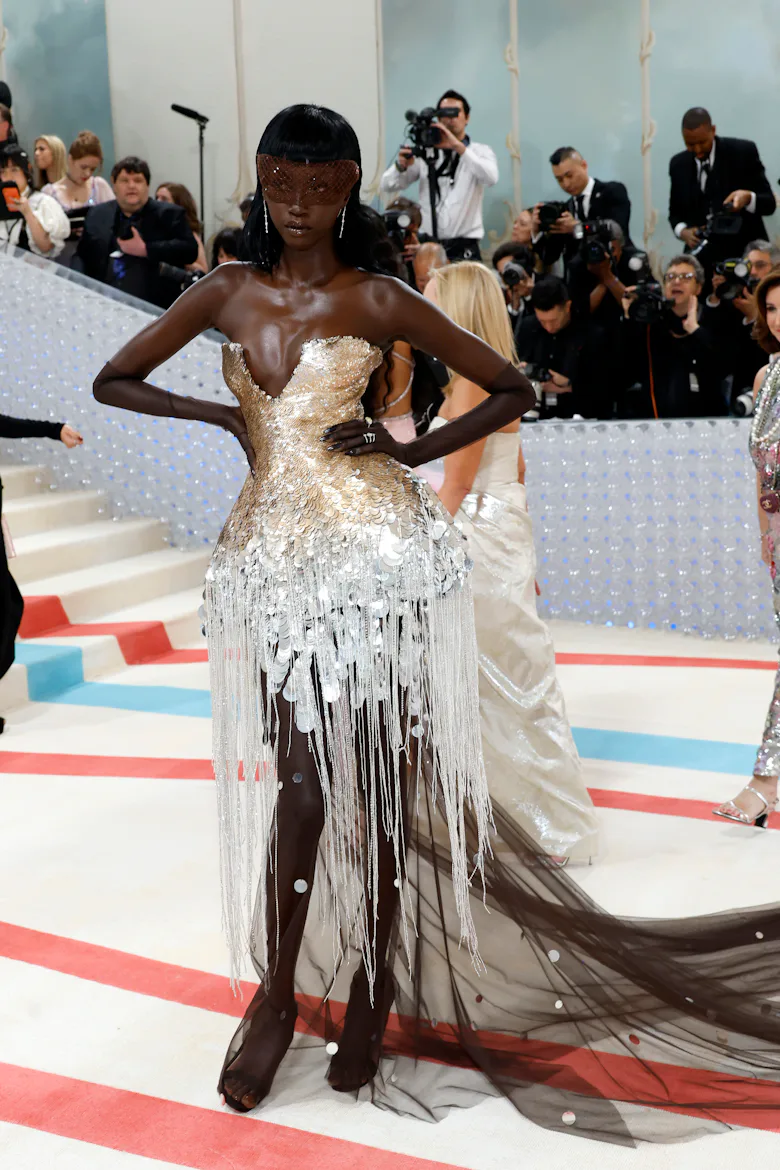 Anok Yai attends The 2023 Met Gala Celebrating "Karl Lagerfeld: A Line Of Beauty" at The Metropolita...