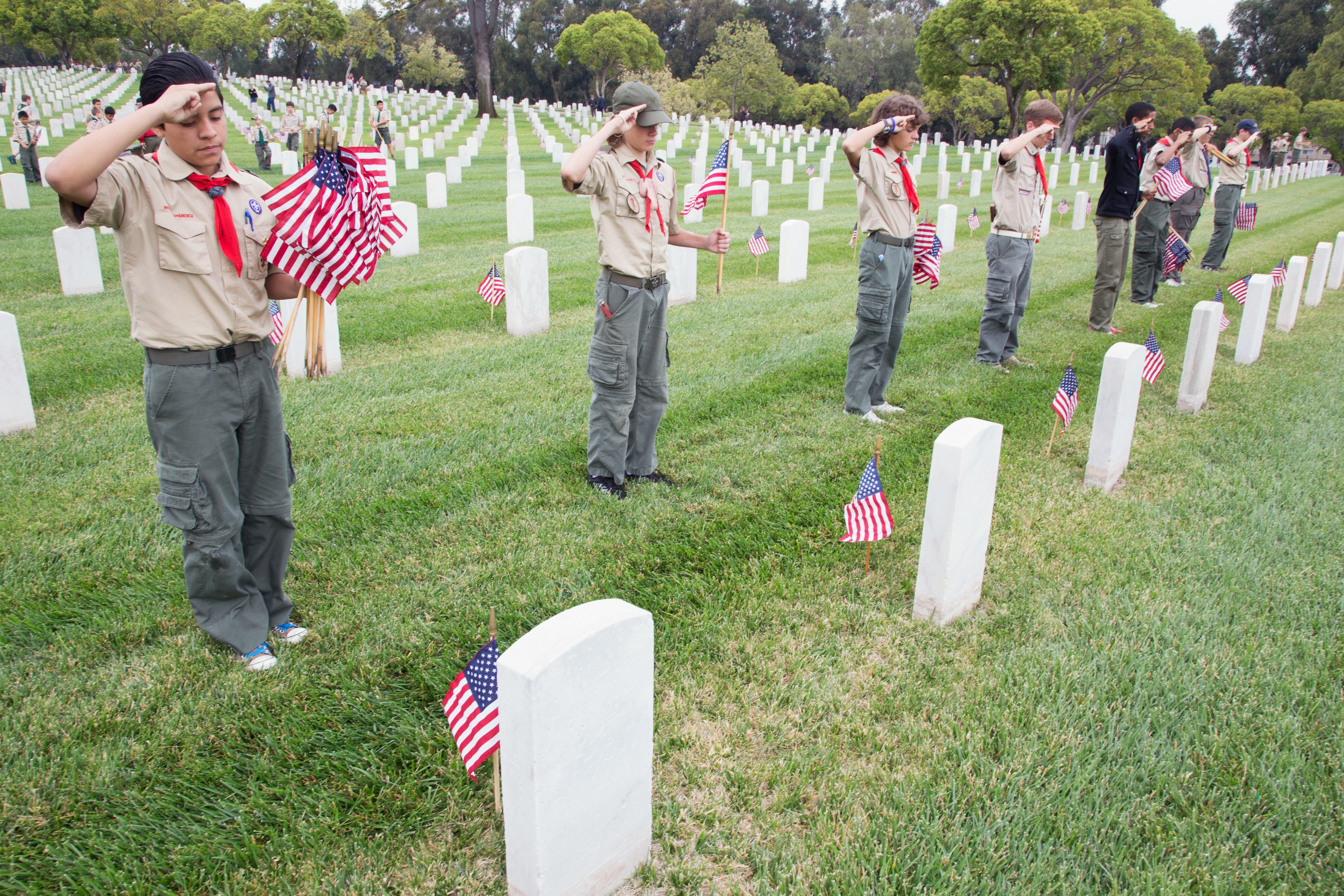 Boy scouts saluting at US Flags at 2014 Memorial Day Event, Los Angeles National Cemetery, Californi...