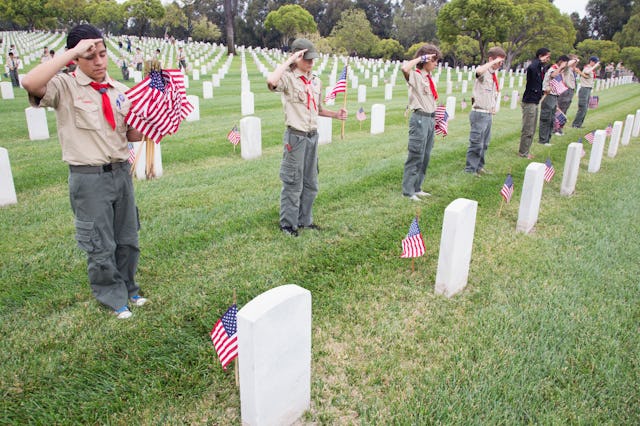 Boy scouts saluting at US Flags at 2014 Memorial Day Event, Los Angeles National Cemetery, Californi...