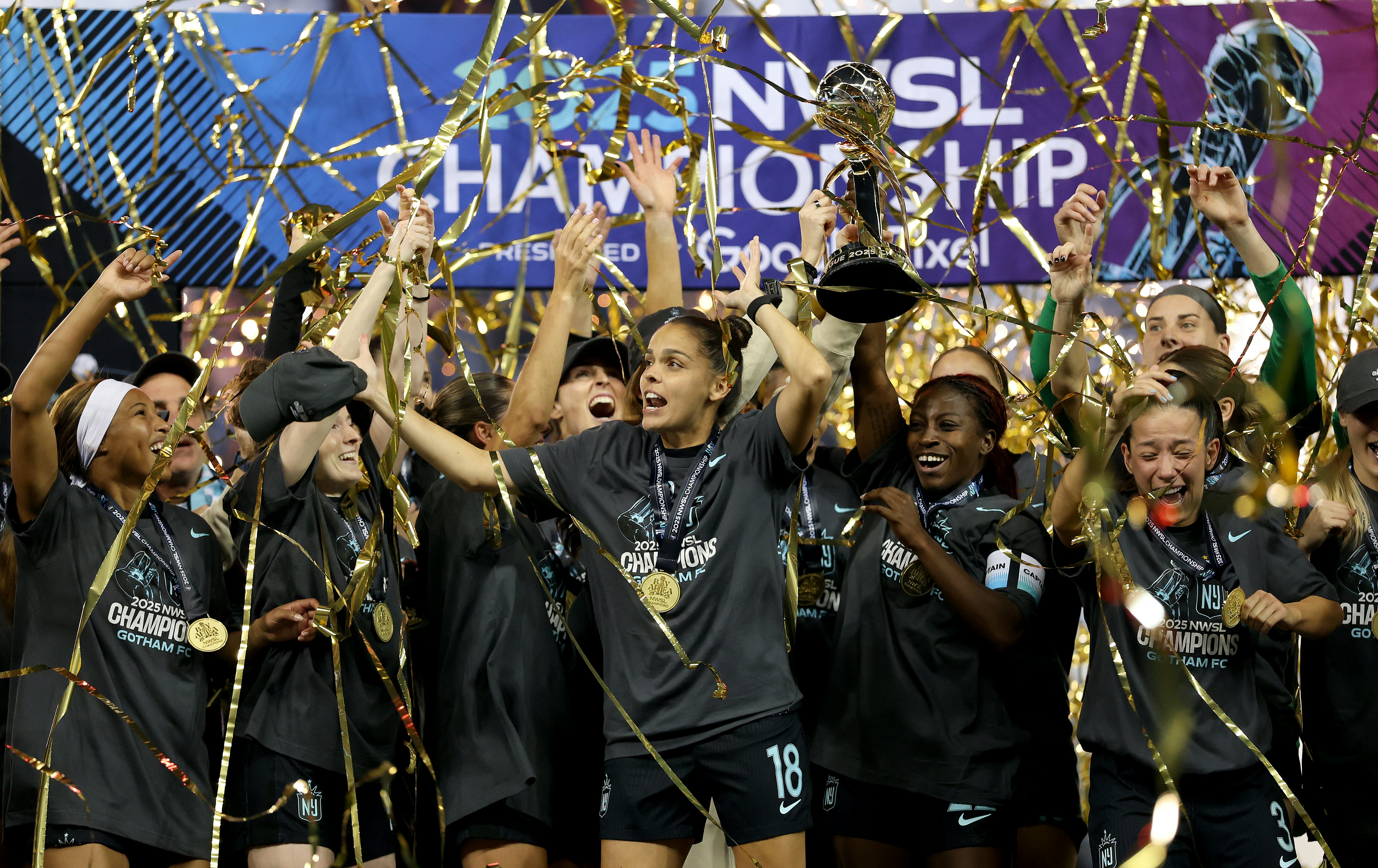 SAN JOSE, CALIFORNIA - NOVEMBER 22: The NJ/NY Gotham FC celebrate after winning the NWSL Championshi...