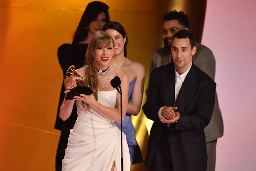 Taylor Swift accepts the Album Of The Year award for "Midnights" during the 66th Annual Grammy Award...