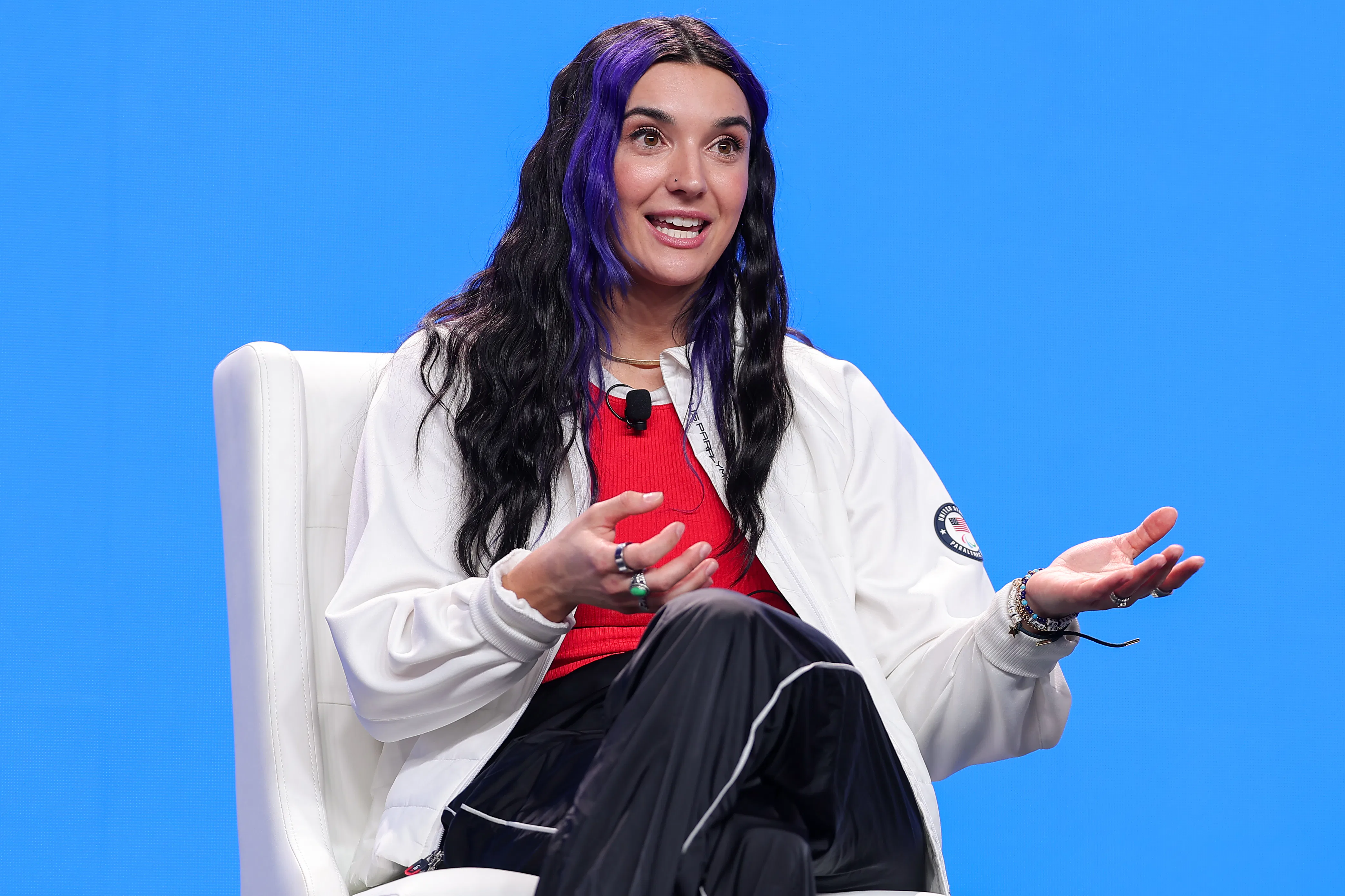 Para snowboarder Brenna Huckaby speaks to the media during the Team USA Media Summit ahead of the Mi...
