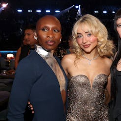 LOS ANGELES, CALIFORNIA - FEBRUARY 02: (L-R) Cynthia Erivo, Sabrina Carpenter, and Lady Gaga attend...