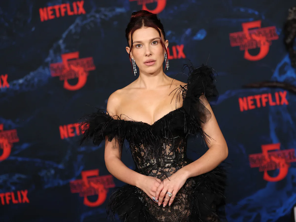 millie bobby brown lace dress About last night: @milliebobbybrown wears a custom Black Metallic Lace and Beaded Tulle Gown for the world premiere of the final season of @strangerthingstv. Styled by @cryoungin. Ph: Getty Images- Kevin Winter