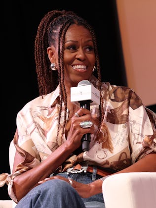 Michelle Obama speaks during Higher Ground's "IMO with Michelle Obama & Craig Robinson" podcast duri...