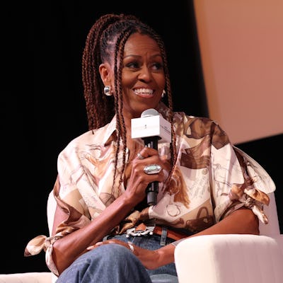 Michelle Obama speaks during Higher Ground's "IMO with Michelle Obama & Craig Robinson" podcast during 2025 Martha's Vineyard African American Film Festival at Martha's Vineyard Performing Arts Center on August 09, 2025 in Martha's Vineyard, Massachusetts.