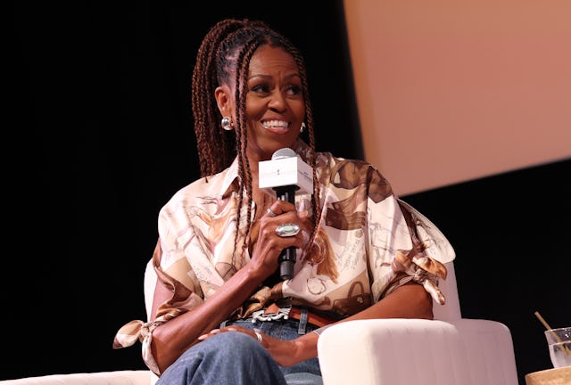 Michelle Obama speaks during Higher Ground's "IMO with Michelle Obama & Craig Robinson" podcast duri...