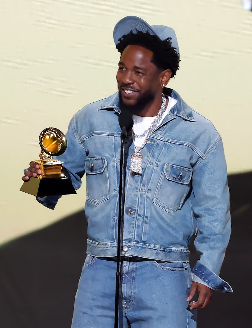 LOS ANGELES, CALIFORNIA - FEBRUARY 02: Kendrick Lamar accepts the Record of the Year award for "Not ...