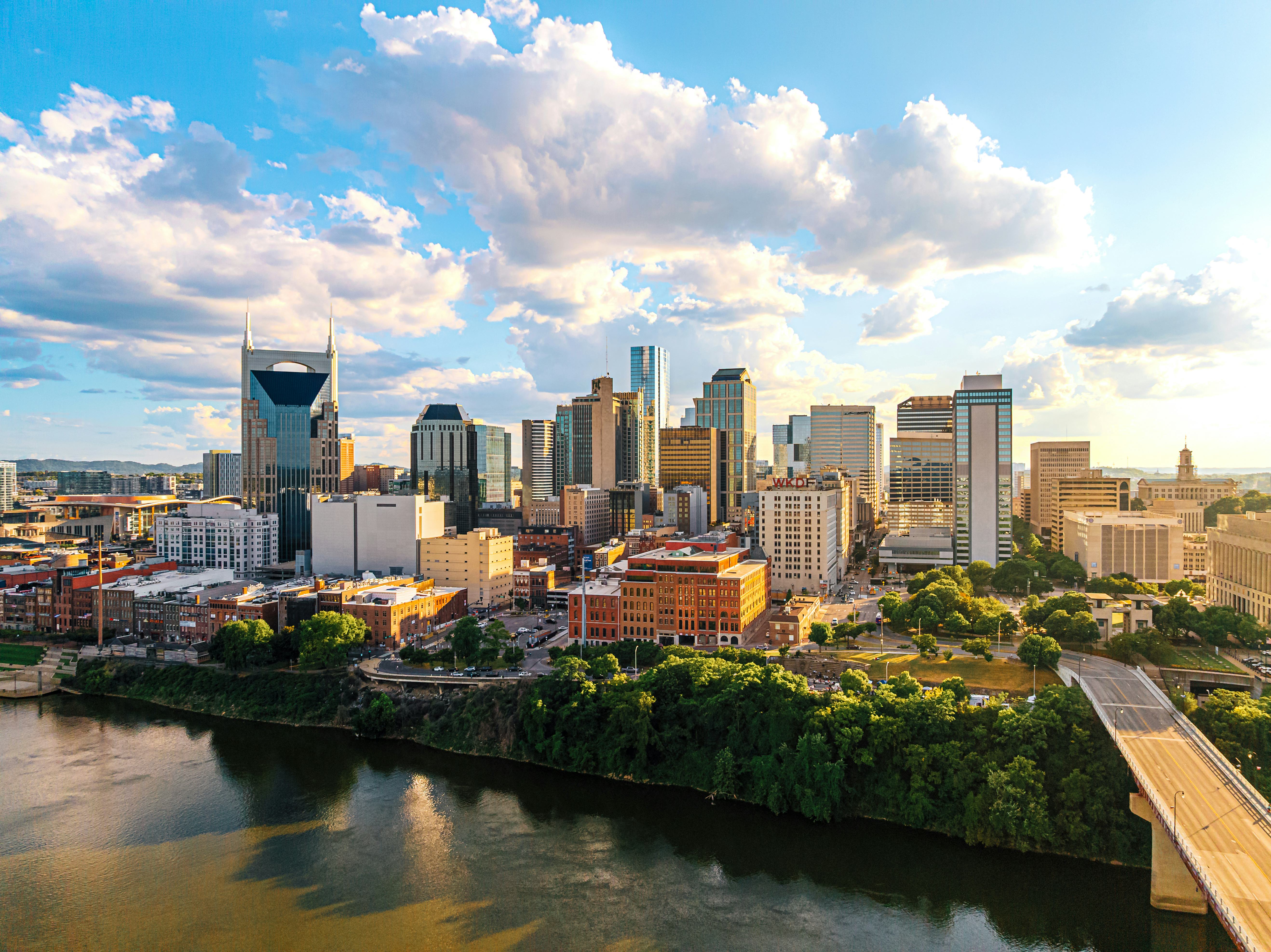 Aerial Perspective of Downtown Nashville, Tennessee Skyline from above the Cumberland River near the...