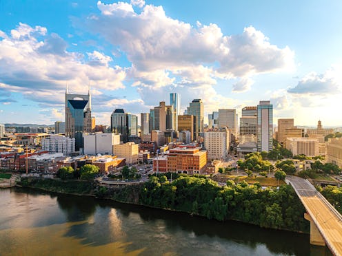 Aerial Perspective of Downtown Nashville, Tennessee Skyline from above the Cumberland River near the...