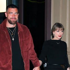 NEW YORK, NEW YORK - NOVEMBER 06: Taylor Swift and Travis Kelce seen in NoHo on November 06, 2025 in...
