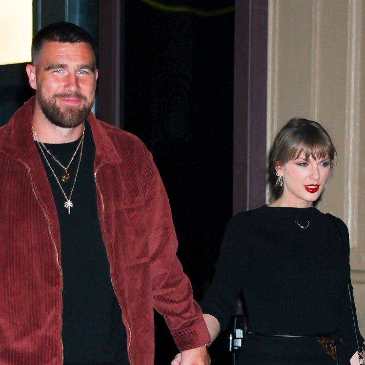 NEW YORK, NEW YORK - NOVEMBER 06: Taylor Swift and Travis Kelce seen in NoHo on November 06, 2025 in...