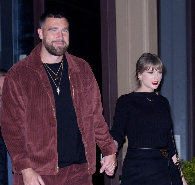 NEW YORK, NY - NOVEMBER 7: Travis Kelce and Taylor Swift are seen on November 7, 2025 in New York Ci...