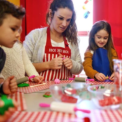 Preschool kids doing homemade decorations for Christmas, Quebec, Canada