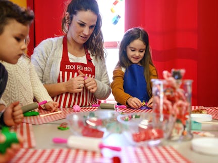 Preschool kids doing homemade decorations for Christmas, Quebec, Canada