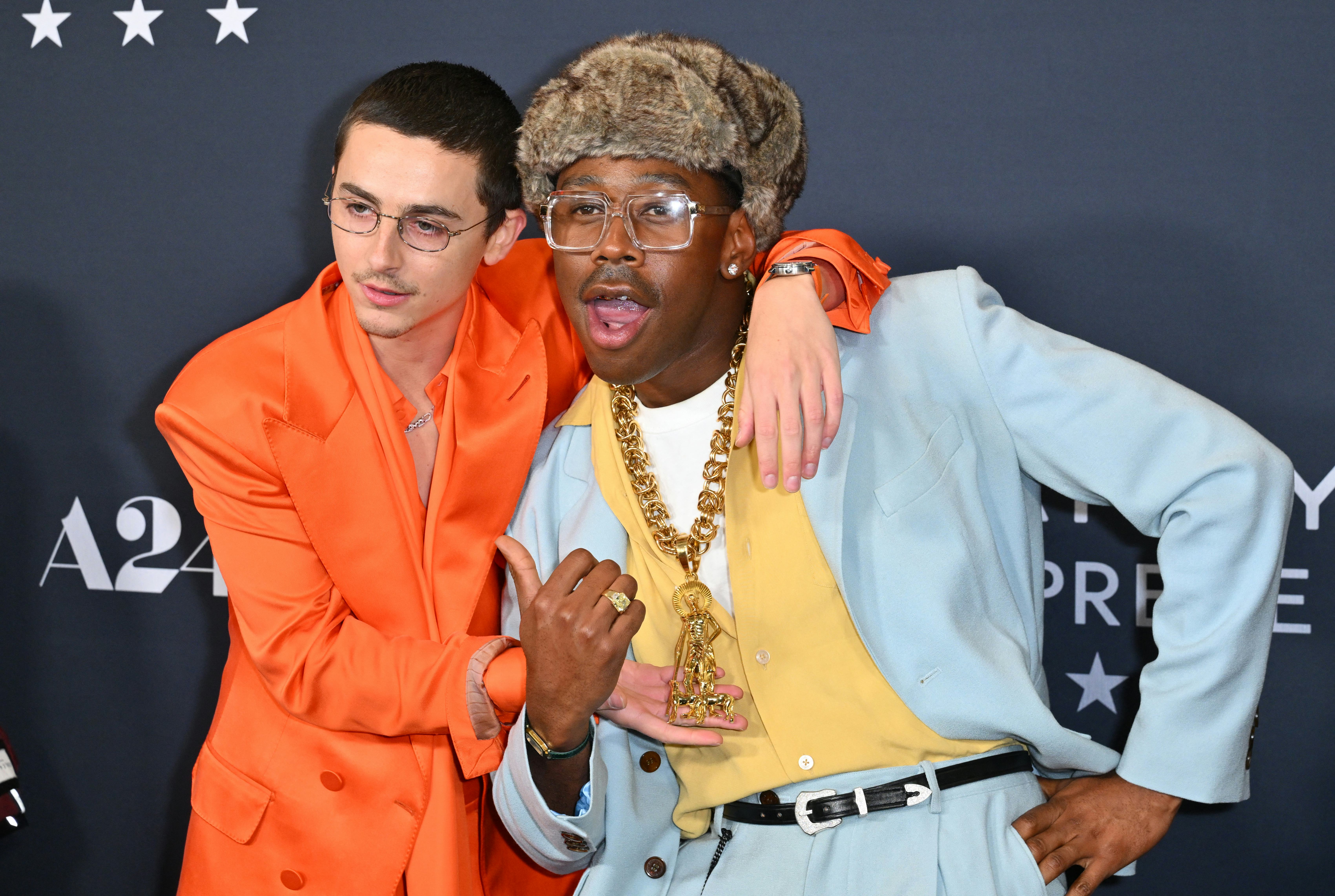 US-French actor Timothee Chalamet (L) and US rapper Tyler, The Creator attend the NY premiere of "Ma...