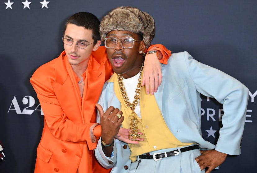US-French actor Timothee Chalamet (L) and US rapper Tyler, The Creator attend the NY premiere of "Ma...