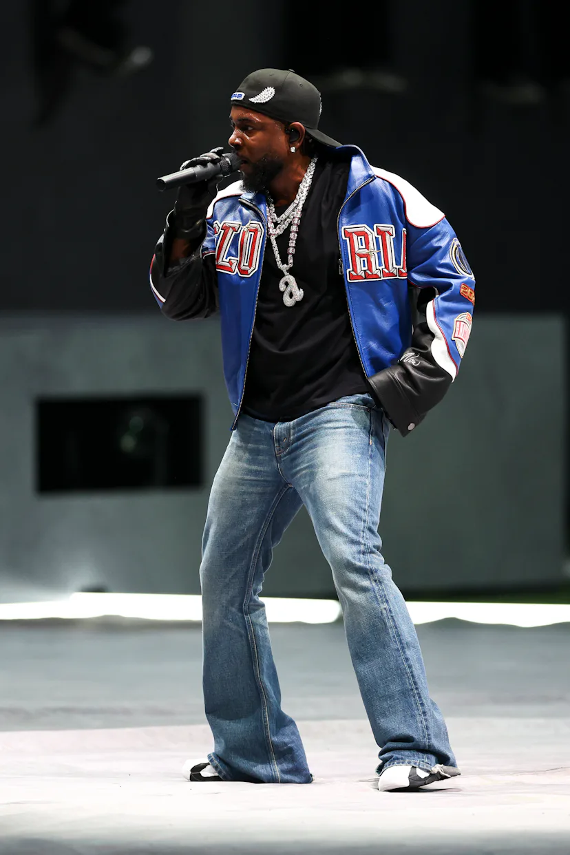 Kendrick Lamar performs in the Apple Music Halftime Show during Super Bowl LIX on February 9, 2025 i...