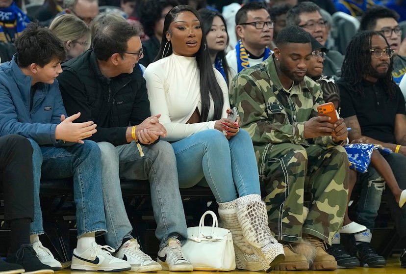 Megan Thee Stallion, American rapper and songwriter sits court side during the Dallas Mavericks and ...