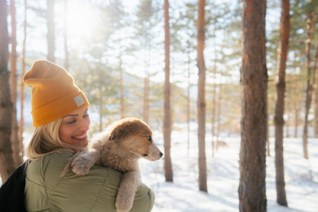 A woman in a warm green coat holds a dog as they enjoy a winter day in the woods.