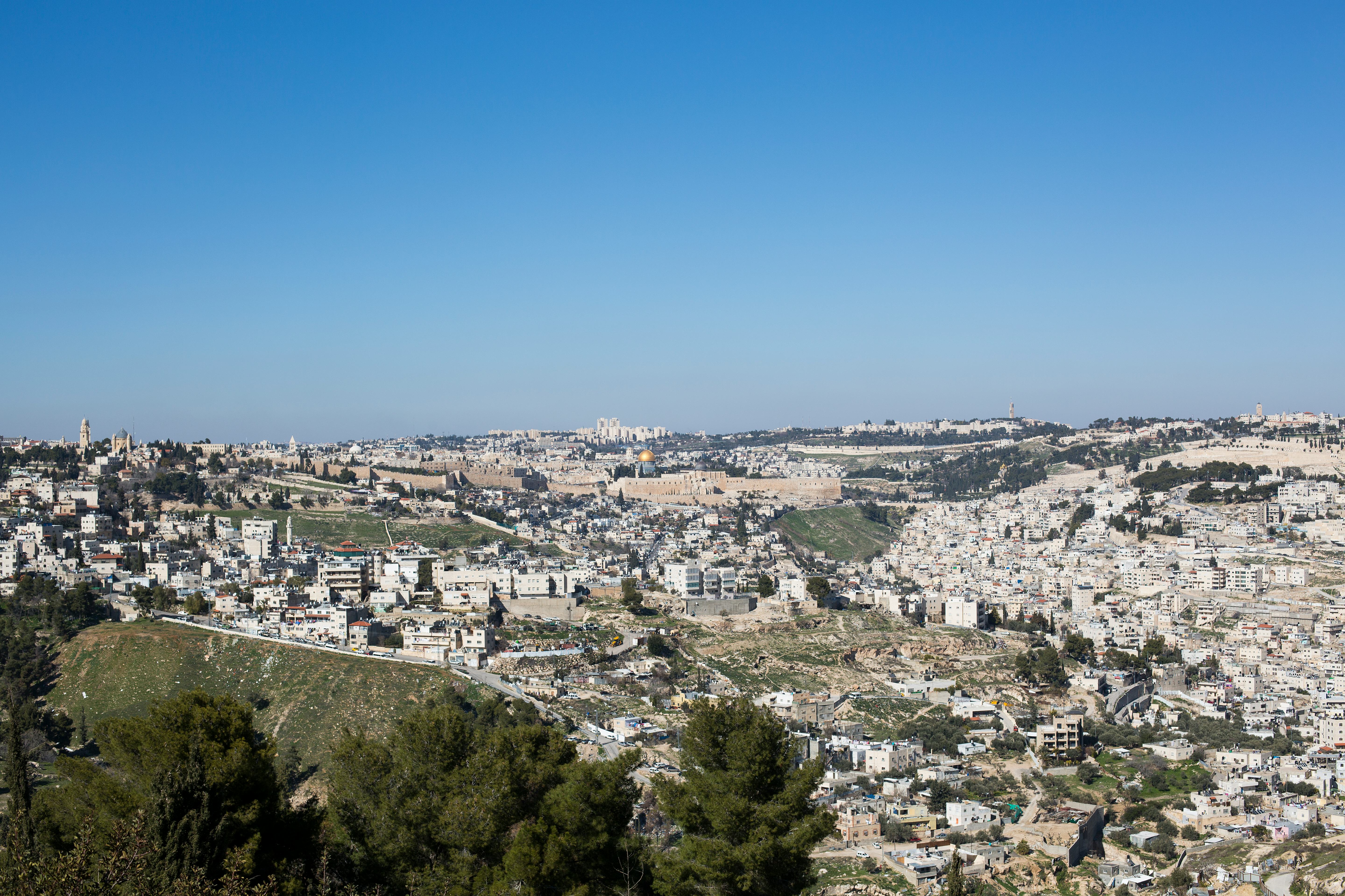 Panoramic view of Jerusalem, Israel with the historic Old City, Dome of the Rock, and surrounding re...