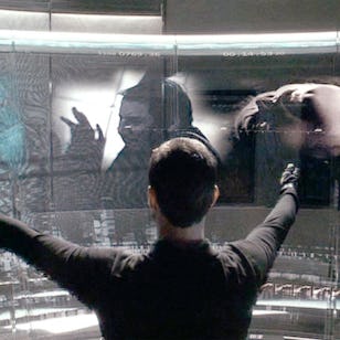 LOS ANGELES - JUNE 21: The movie "Minority Report", directed by Steven Spielberg. Based on the 1956 short story by Philip K. Dick. Seen here, Tom Cruise (as Chief John Anderton, back to camera). He reviews PreCog visions on a monitor. Initial theatrical release June 21, 2002. Screen capture. A Paramount Picture. (Photo by CBS via Getty Images)