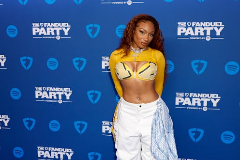 Megan Thee Stallion attends FanDuel's Super Bowl Party wearing a bra-forward look.