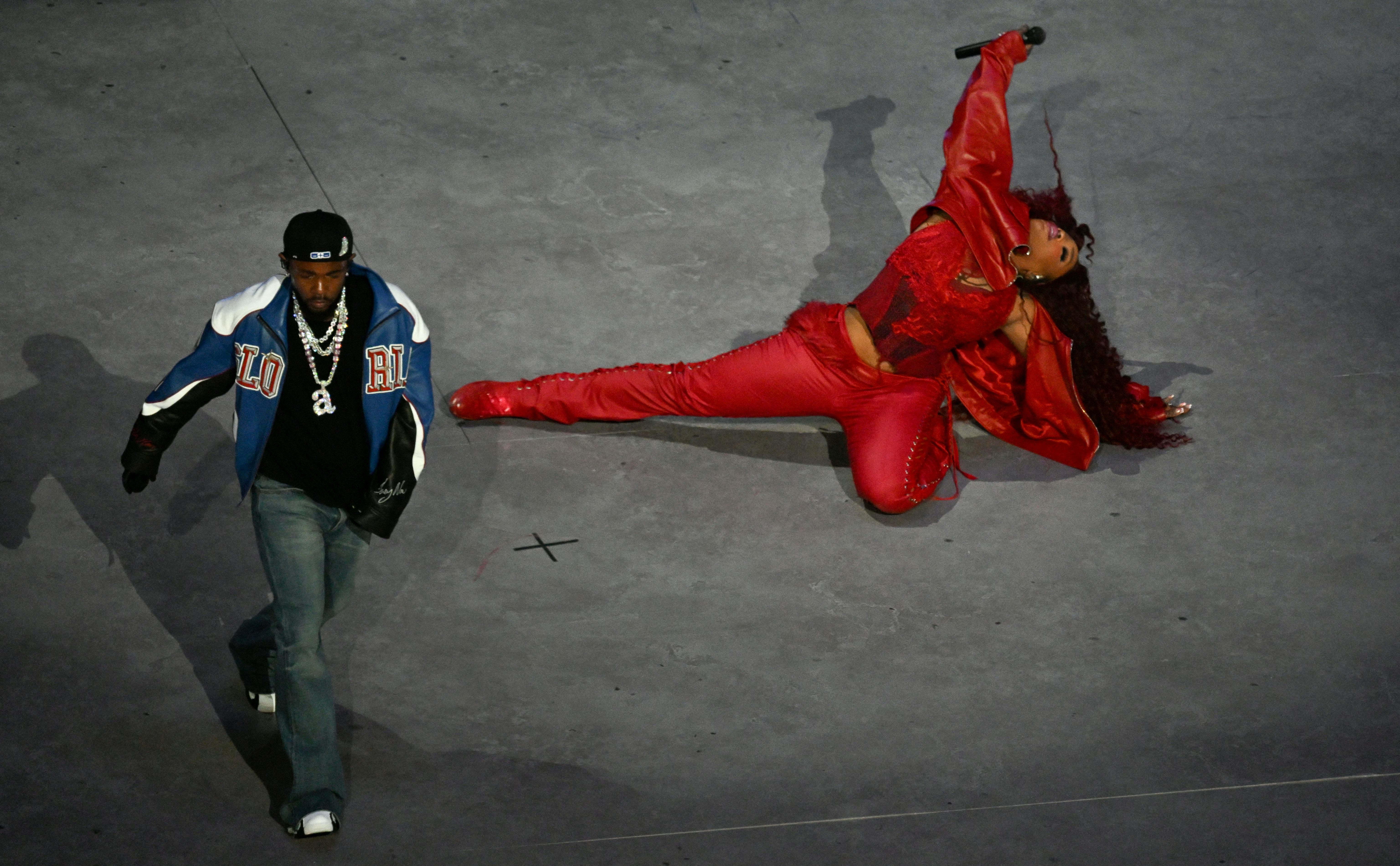 Kendrick Lamar and SZA perform during Super Bowl LIX Halftime Show