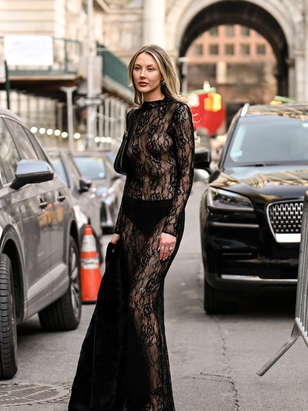 NEW YORK, NEW YORK - FEBRUARY 05: A guest is seen wearing a black sheer laced Bronx and Banco dress…