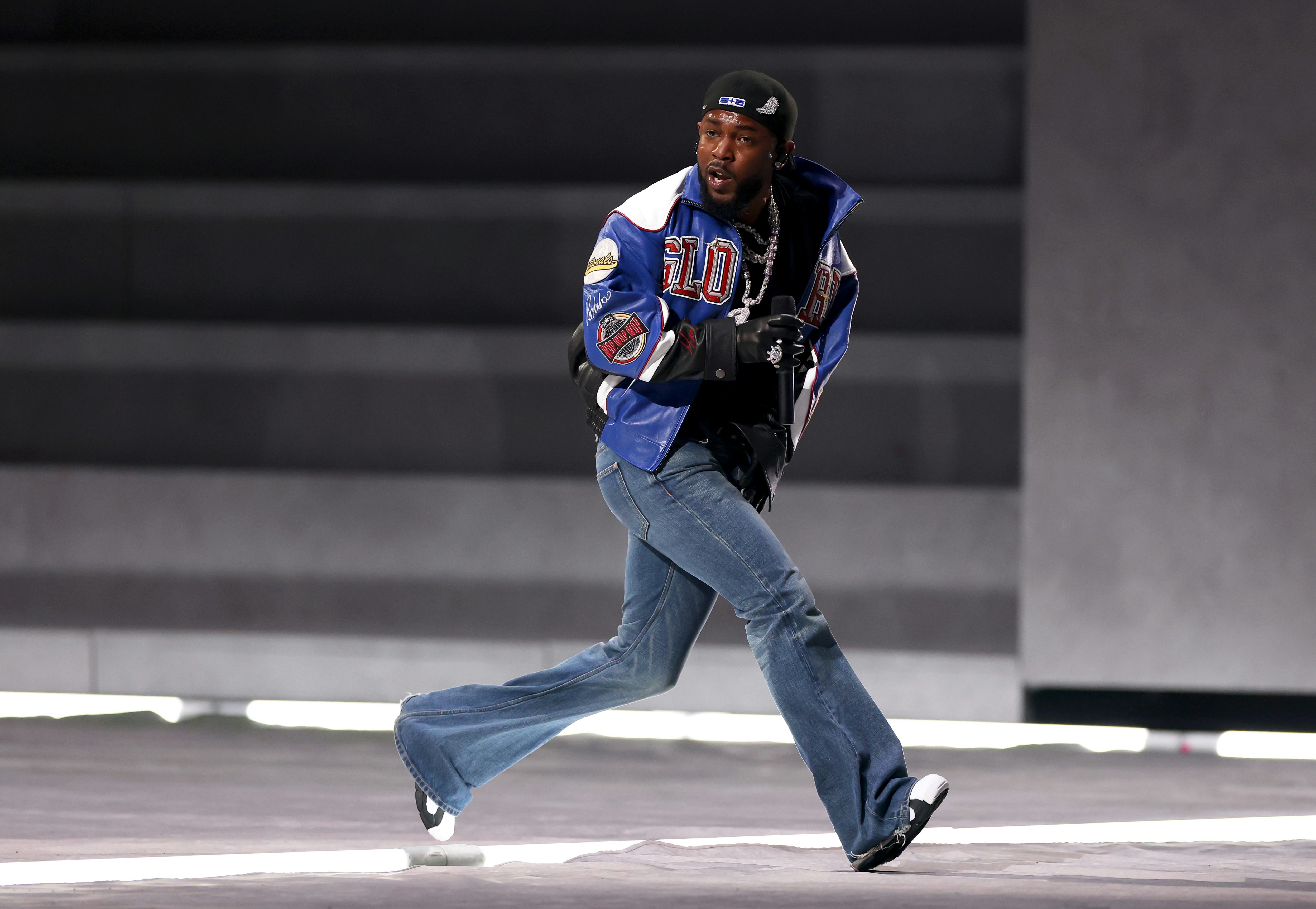 Kendrick Lamar performs onstage during Apple Music Super Bowl LIX Halftime Show